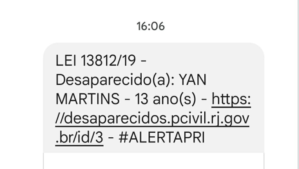 Alerta Pri - Mensagens de SMS para encontrar crianças desaparecidas começaram a ser enviadas essa semana para milhões de celulares do Rio de Janeiro